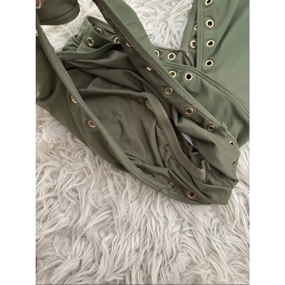 Michael Kors sz 10, Olive Green One-Shoulder Cutout Swimsuit with Gold Eyelets